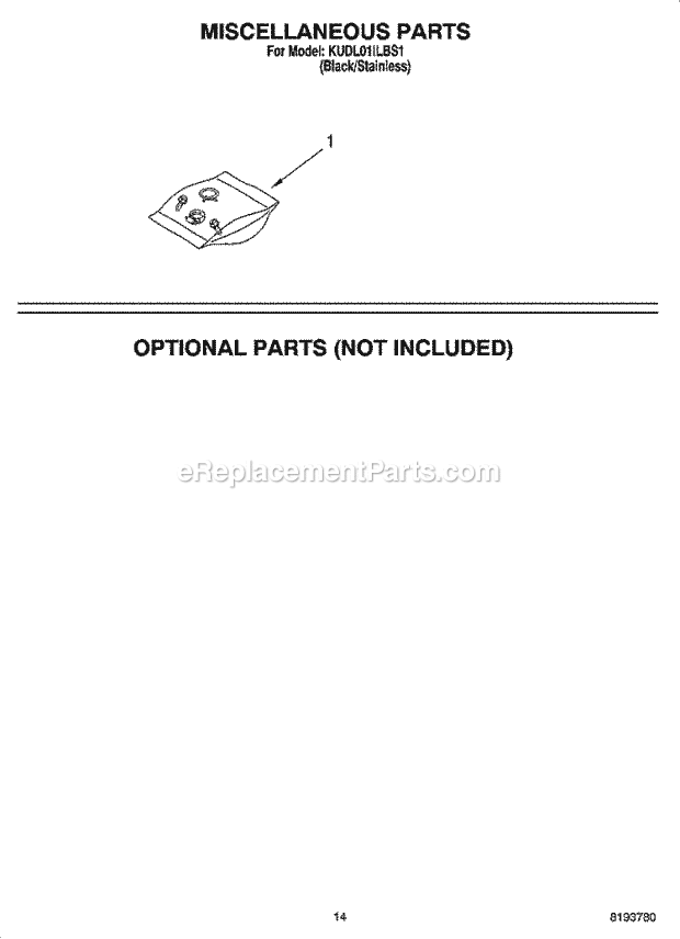 KitchenAid KUDL01ILBS1 Dishwasher Miscellaneous Parts Optional Parts (Not Included) Diagram