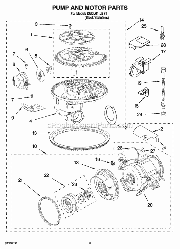 KitchenAid KUDL01ILBS1 Dishwasher Pump and Motor Parts Diagram