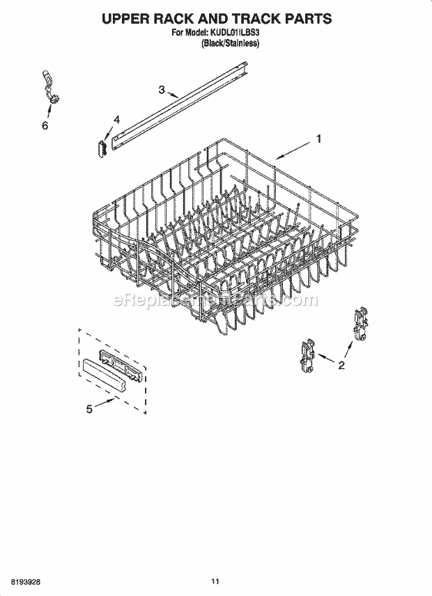 KitchenAid KUDL01ILBS3 Dishwasher Upper Rack and Track Parts Diagram