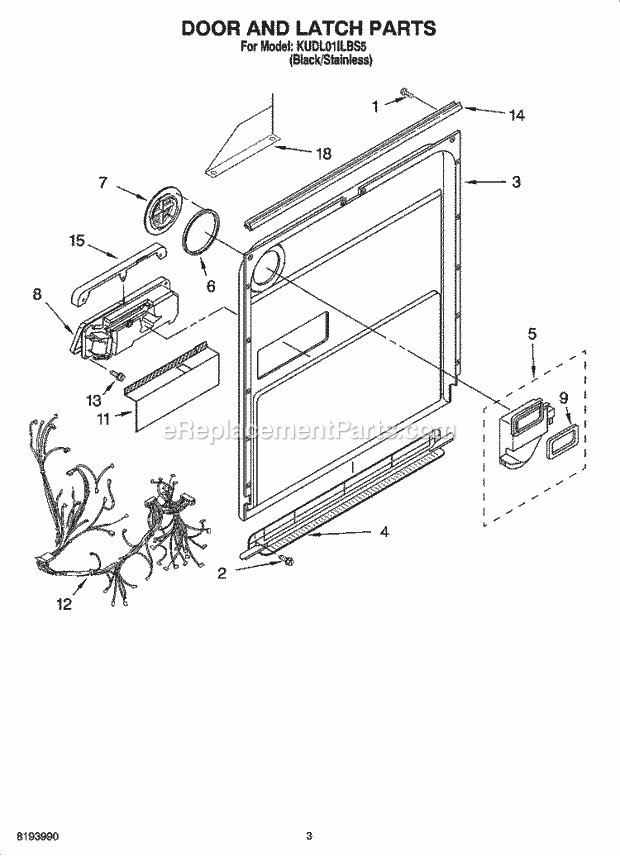 KitchenAid KUDL01ILBS5 Dishwasher Door and Latch Parts Diagram