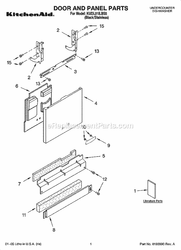 KitchenAid KUDL01ILBS5 Dishwasher Door and Panel Parts Diagram