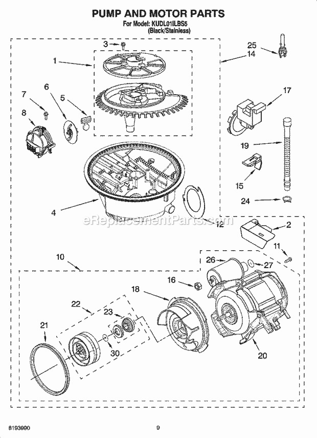 KitchenAid KUDL01ILBS5 Dishwasher Pump and Motor Parts Diagram