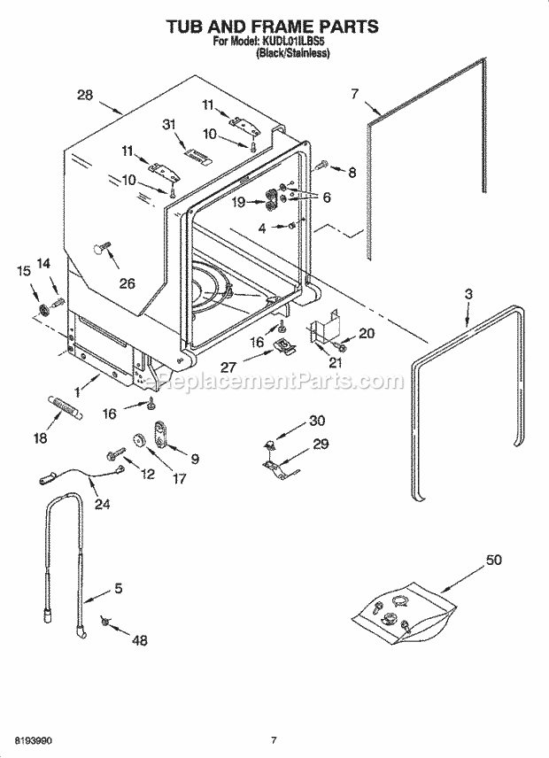 KitchenAid KUDL01ILBS5 Dishwasher Tub and Frame Parts Diagram