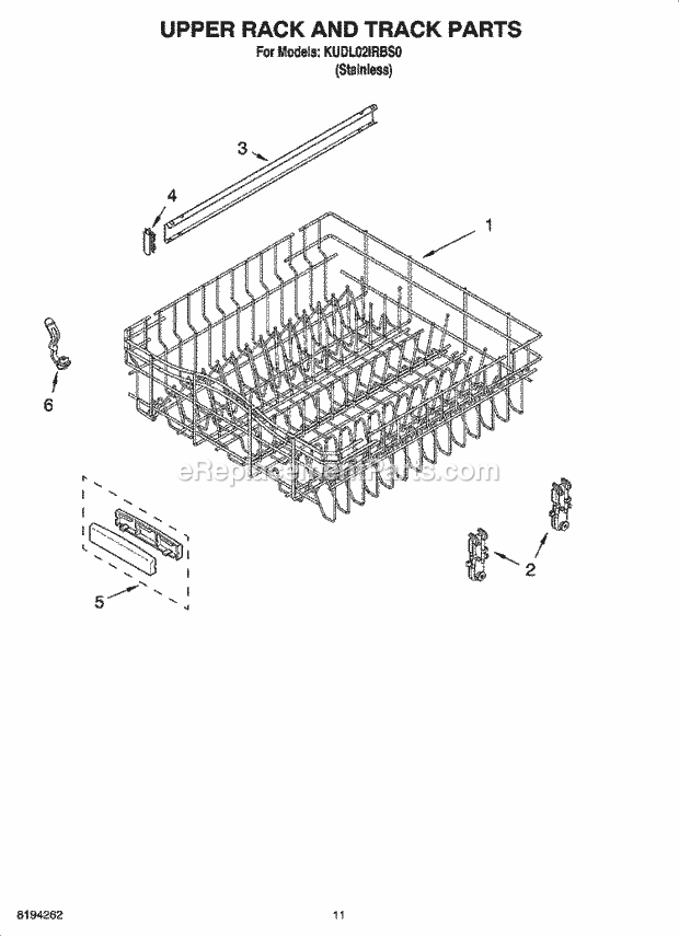 KitchenAid KUDL02IRBS0 Dishwasher Upper Rack and Track Parts Diagram