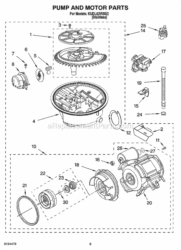 KitchenAid KUDL02IRBS2 Dishwasher Pump and Motor Parts Diagram