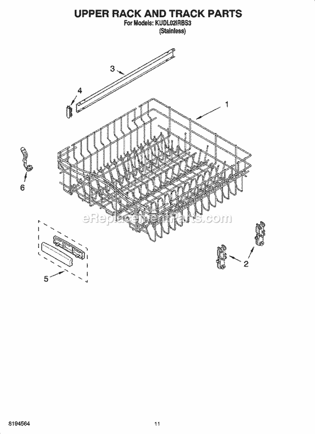 KitchenAid KUDL02IRBS3 Dishwasher Upper Rack and Track Parts Diagram