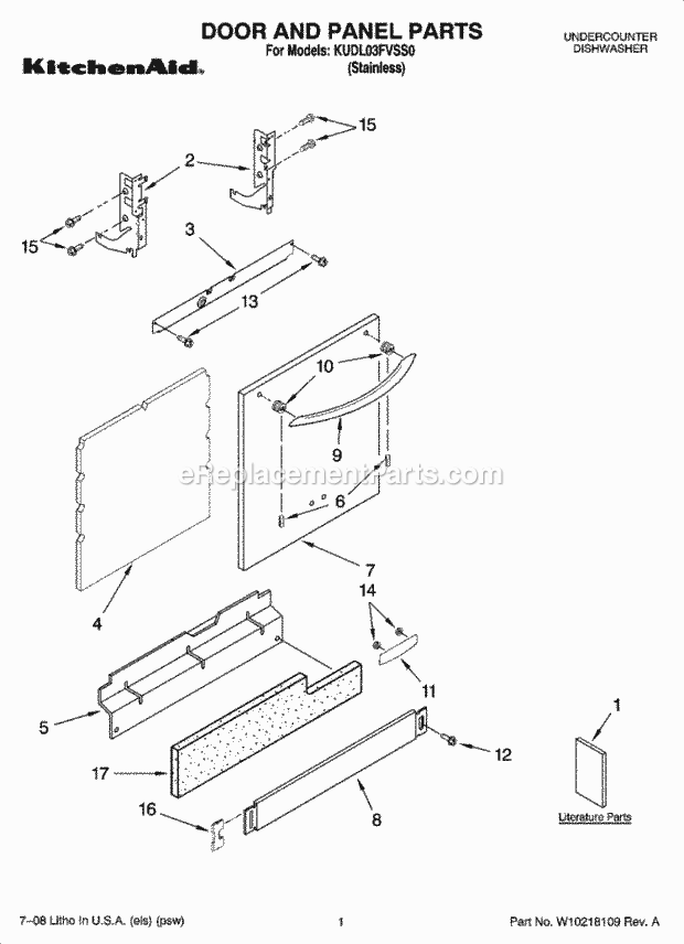 KitchenAid KUDL03FVSS0 Dishwasher Door and Panel Parts Diagram