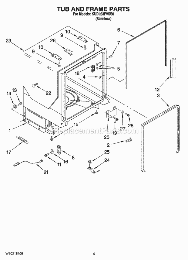 KitchenAid KUDL03FVSS0 Dishwasher Tub and Frame Parts Diagram