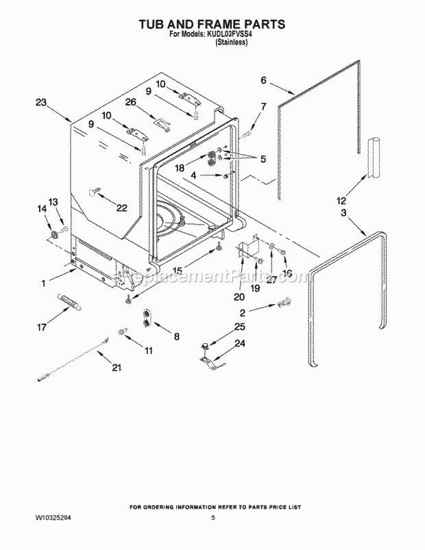 KitchenAid KUDL03FVSS4 Dishwasher Tub and Frame Parts Diagram