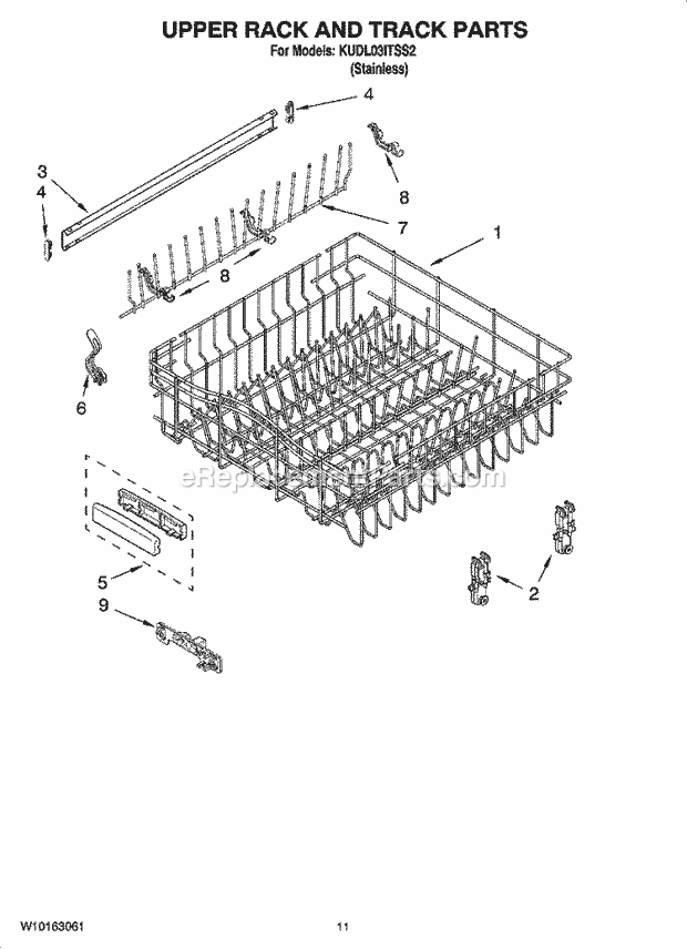 KitchenAid KUDL03ITSS2 Dishwasher Upper Rack and Track Parts Diagram