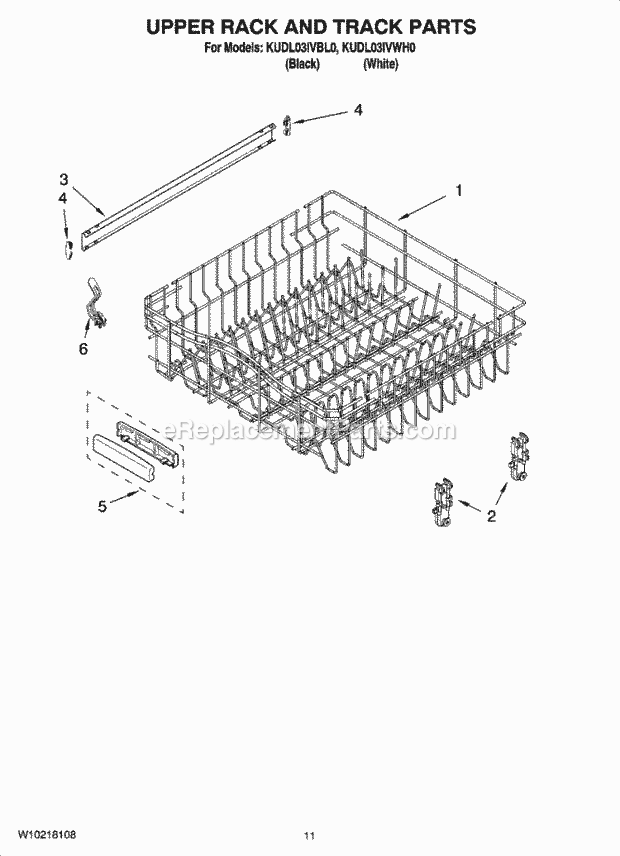 KitchenAid KUDL03IVBL0 Dishwasher Upper Rack and Track Parts Diagram