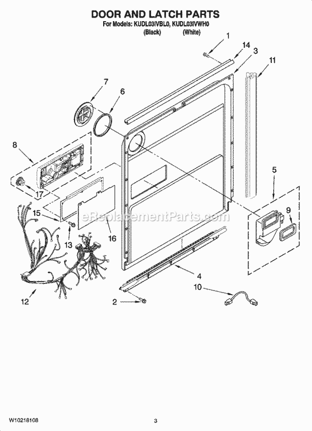 KitchenAid KUDL03IVWH0 Dishwasher Door and Latch Parts Diagram