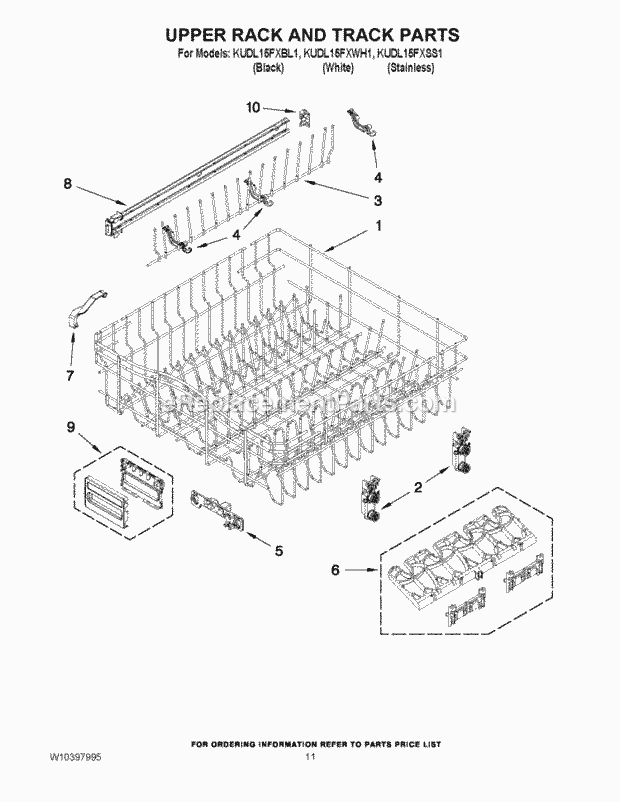 KitchenAid KUDL15FXSS1 Dishwasher Upper Rack and Track Parts Diagram