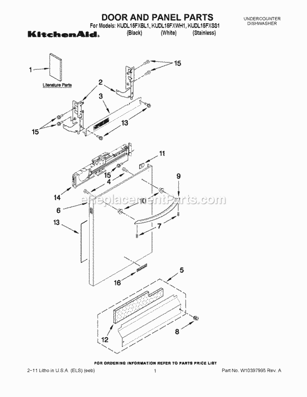 KitchenAid KUDL15FXSS1 Dishwasher Door and Panel Parts Diagram