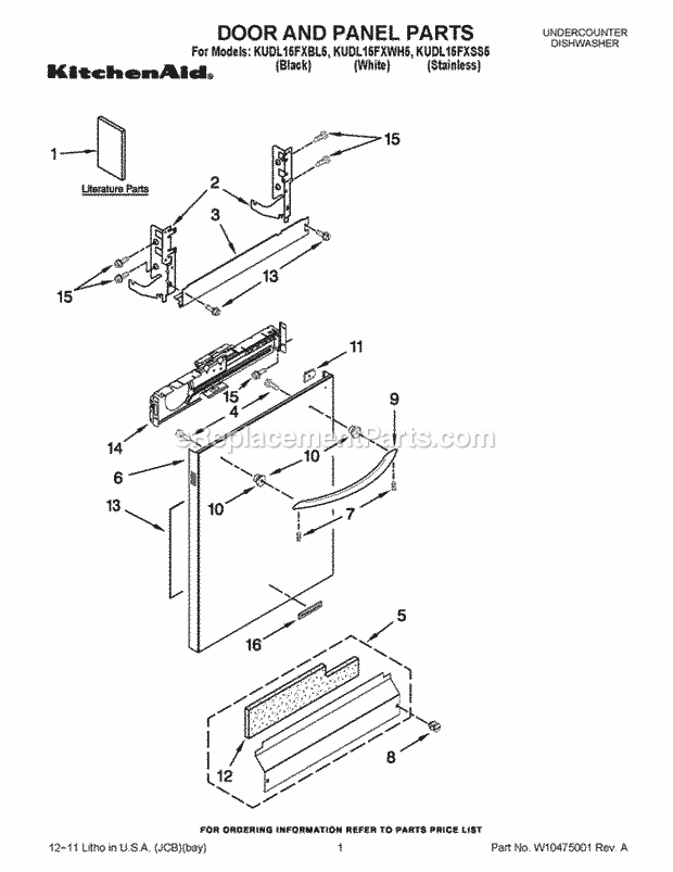 KitchenAid KUDL15FXSS5 Dishwasher Door and Panel Parts Diagram