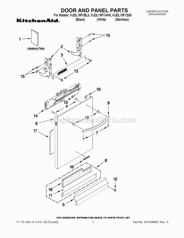 KitchenAid KUDL15FXWH0 Dishwasher Door and Panel Parts Diagram