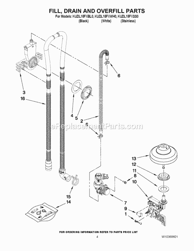 KitchenAid KUDL15FXWH0 Dishwasher Fill, Drain and Overfill Parts Diagram