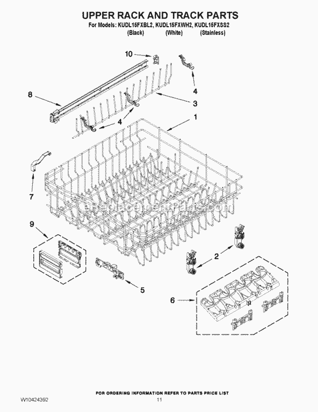 KitchenAid KUDL15FXWH2 Dishwasher Upper Rack and Track Parts Diagram