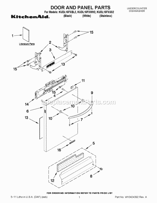 KitchenAid KUDL15FXWH2 Dishwasher Door and Panel Parts Diagram