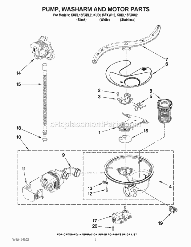 KitchenAid KUDL15FXWH2 Dishwasher Pump, Washarm and Motor Parts Diagram