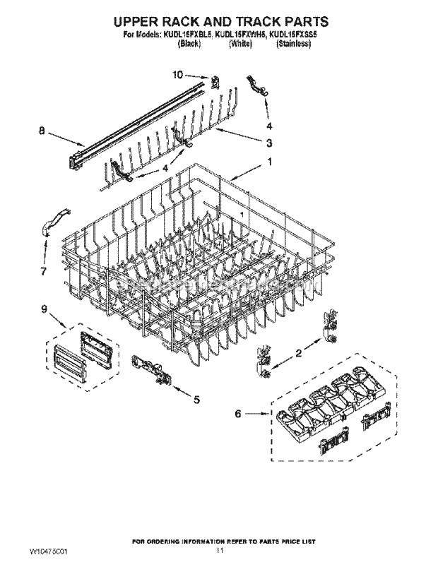 KitchenAid KUDL15FXWH5 Dishwasher Upper Rack and Track Parts Diagram
