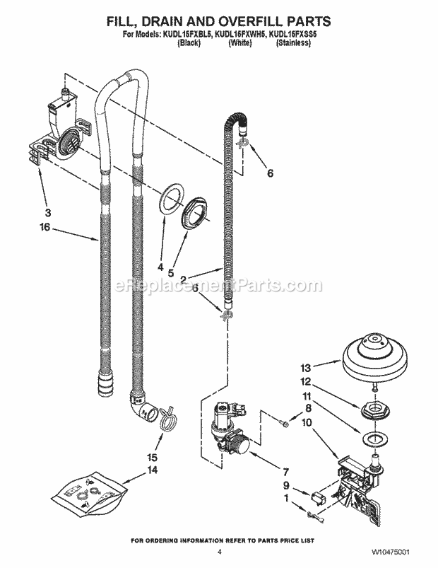 KitchenAid KUDL15FXWH5 Dishwasher Fill, Drain and Overfill Parts Diagram