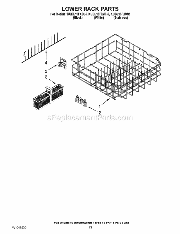 KitchenAid KUDL15FXWH5 Dishwasher Lower Rack Parts Diagram