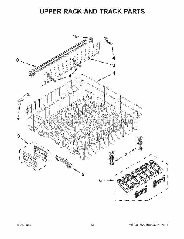 KitchenAid KUDL15FXWH6 Dishwasher Upper Rack and Track Parts Diagram