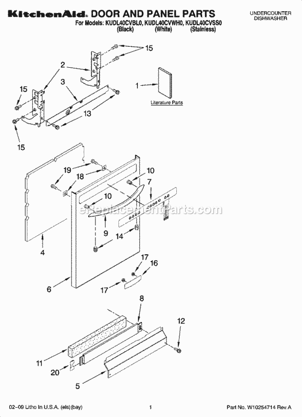 KitchenAid KUDL40CVBL0 Dishwasher Door and Panel Parts Diagram