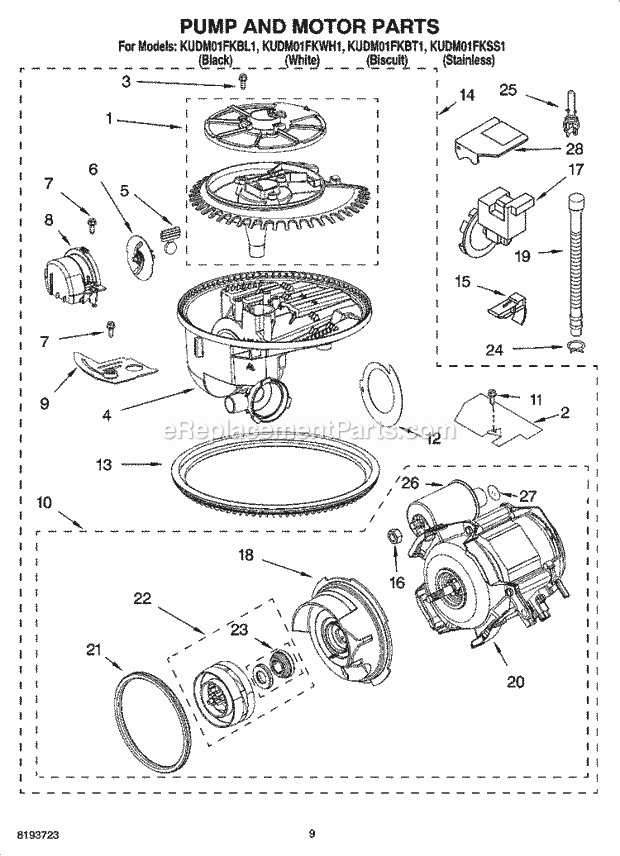 KitchenAid KUDM01FKBL1 Dishwasher Pump and Motor Parts Diagram