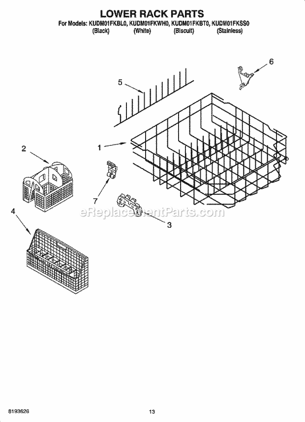 KitchenAid KUDM01FKBT0 Dishwasher Lower Rack Parts Diagram