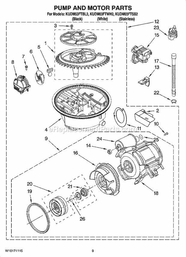 KitchenAid KUDM03FTBL2 Dishwasher Pump and Motor Parts Diagram