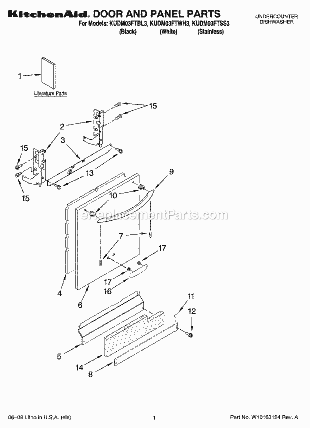 KitchenAid KUDM03FTBL3 Dishwasher Door and Panel Parts Diagram