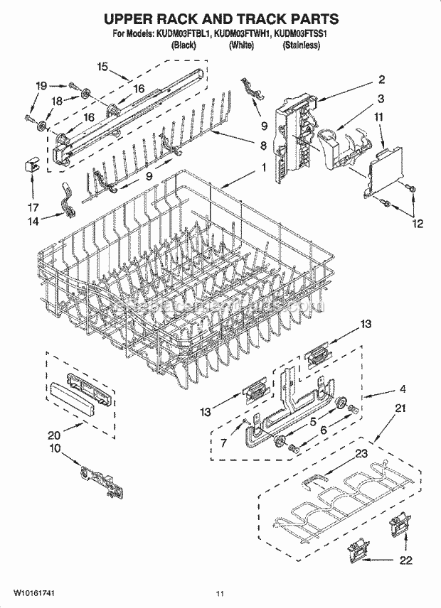 KitchenAid KUDM03FTSS1 Dishwasher Upper Rack and Track Parts Diagram