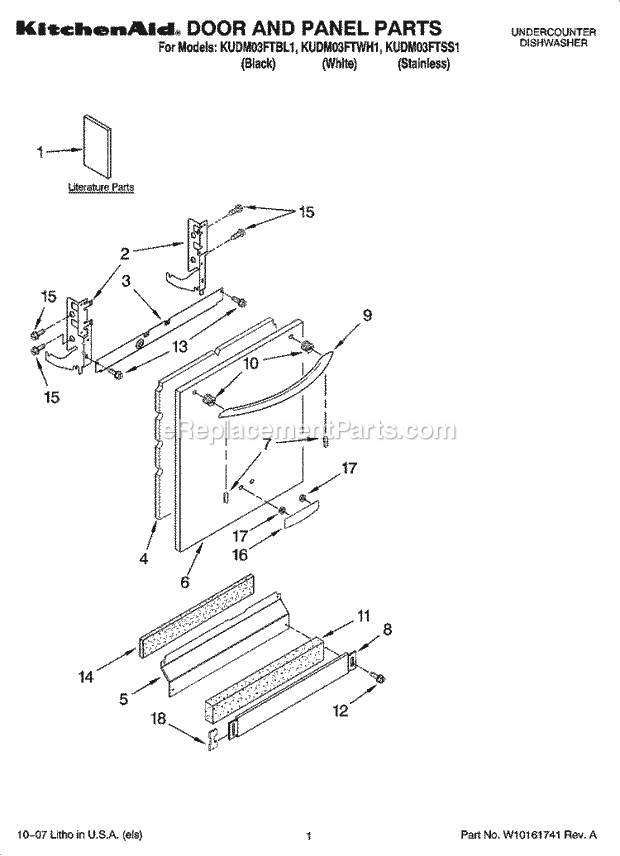 KitchenAid KUDM03FTSS1 Dishwasher Door and Panel Parts Diagram