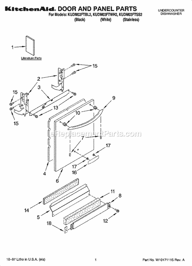 KitchenAid KUDM03FTSS2 Dishwasher Door and Panel Parts Diagram