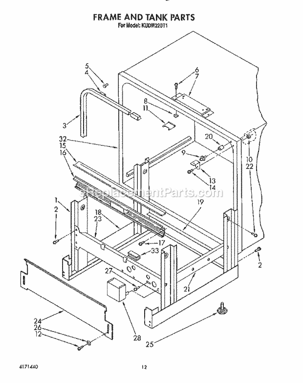 KitchenAid KUDM220T1 Dishwasher Frame and Tank Diagram