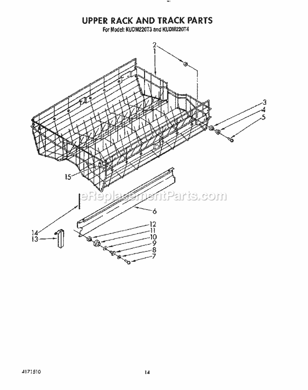 KitchenAid KUDM220T3 Dishwasher Upper Rack and Track Diagram
