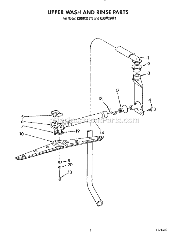 KitchenAid KUDM220T4 Dishwasher Upper Wash and Rinse Diagram