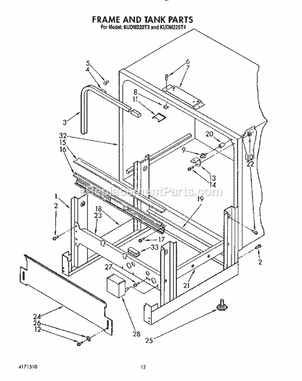 KitchenAid KUDM220T4 Dishwasher Frame and Tank Diagram