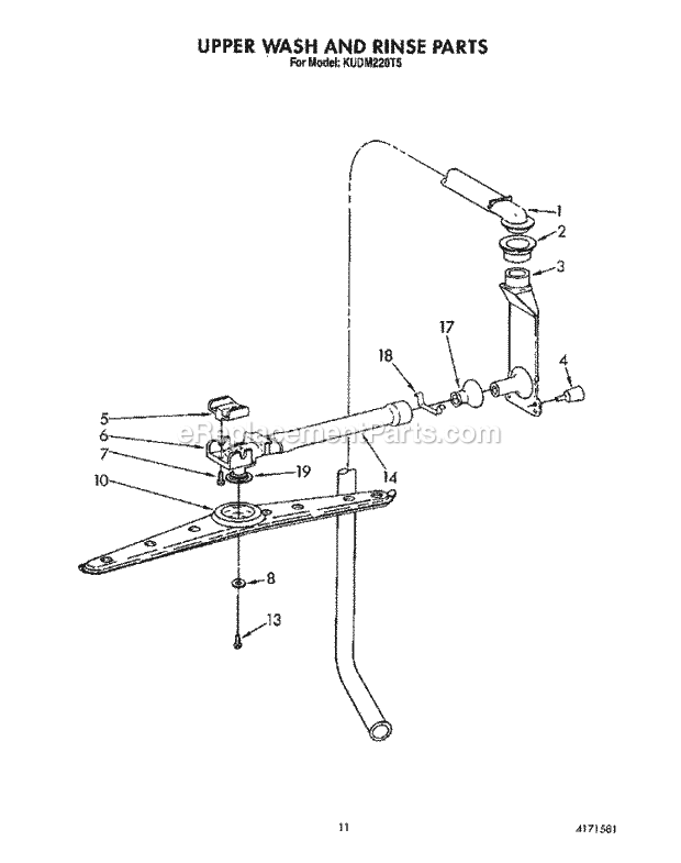 KitchenAid KUDM220T5 Dishwasher Upper Wash and Rinse Diagram