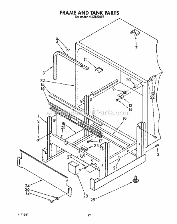 KitchenAid KUDM220T5 Dishwasher Frame and Tank Diagram