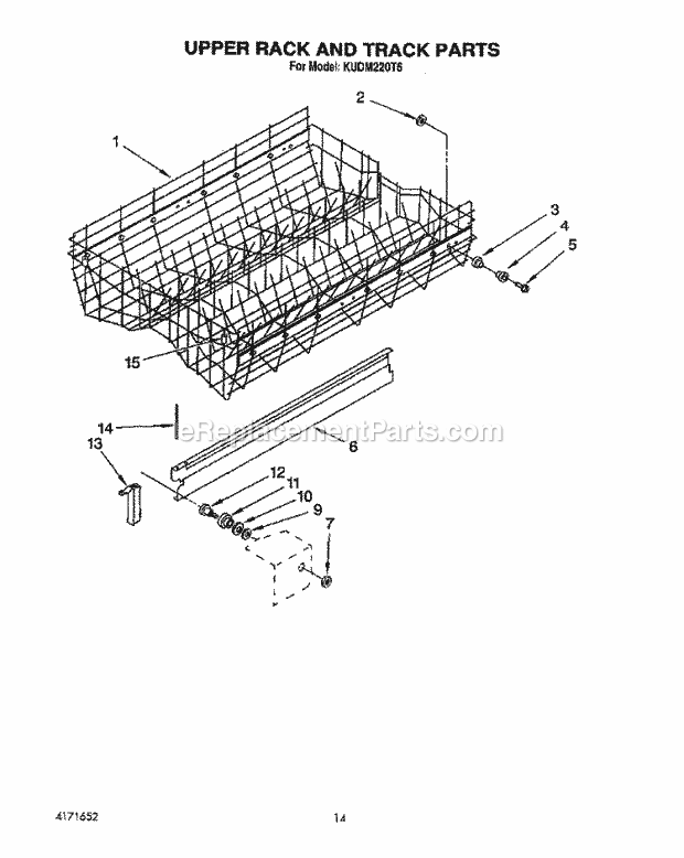 KitchenAid KUDM220T6 Dishwasher Upper Rack and Track Diagram