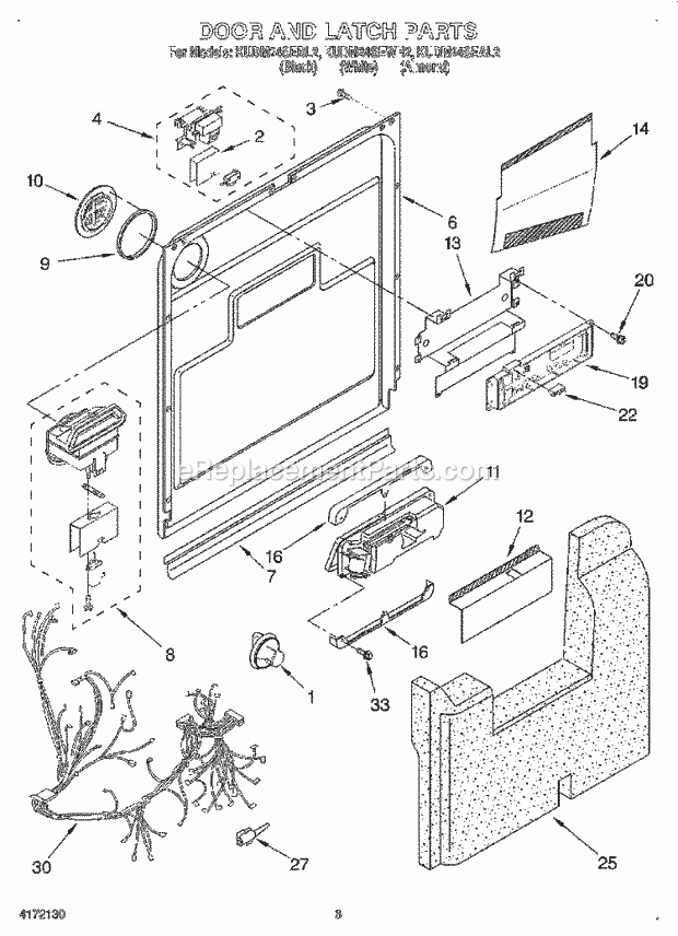 KitchenAid KUDM24SEAL2 Dishwasher Door and Latch Diagram