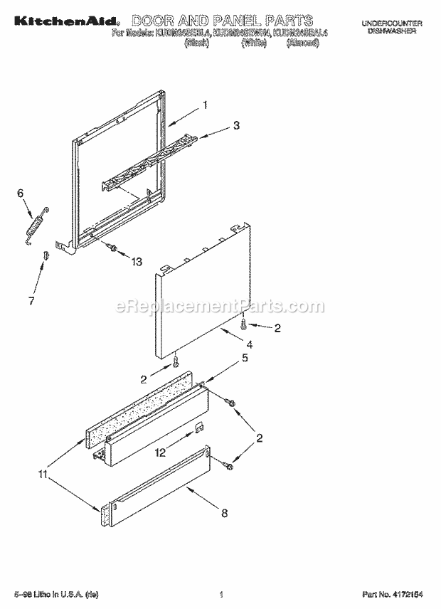 KitchenAid KUDM24SEAL4 Dishwasher Door and Panel Diagram