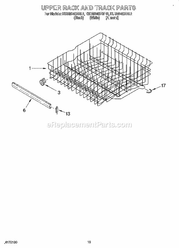 KitchenAid KUDM24SEBL2 Dishwasher Upper Rack and Track Diagram