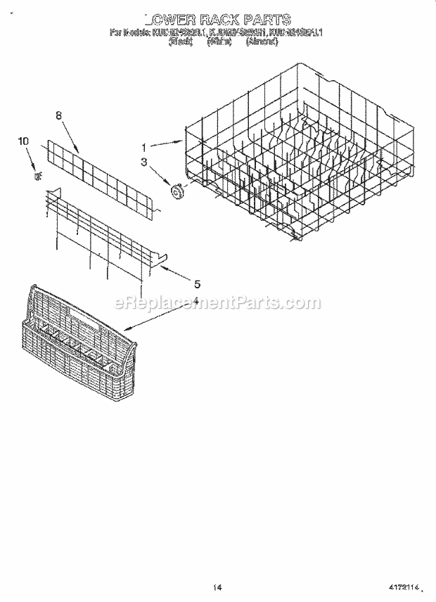 KitchenAid KUDM24SEWH1 Dishwasher Lower Rack Diagram