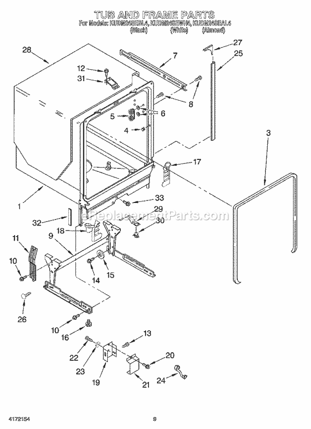 KitchenAid KUDM24SEWH4 Dishwasher Tub and Frame Diagram