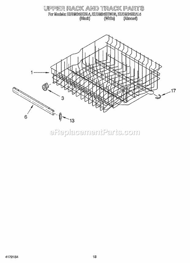 KitchenAid KUDM24SEWH4 Dishwasher Upper Rack and Track Diagram
