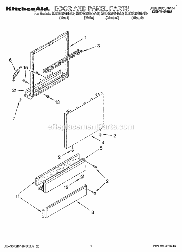 KitchenAid KUDM25SHAL0 Dishwasher Door and Panel Diagram